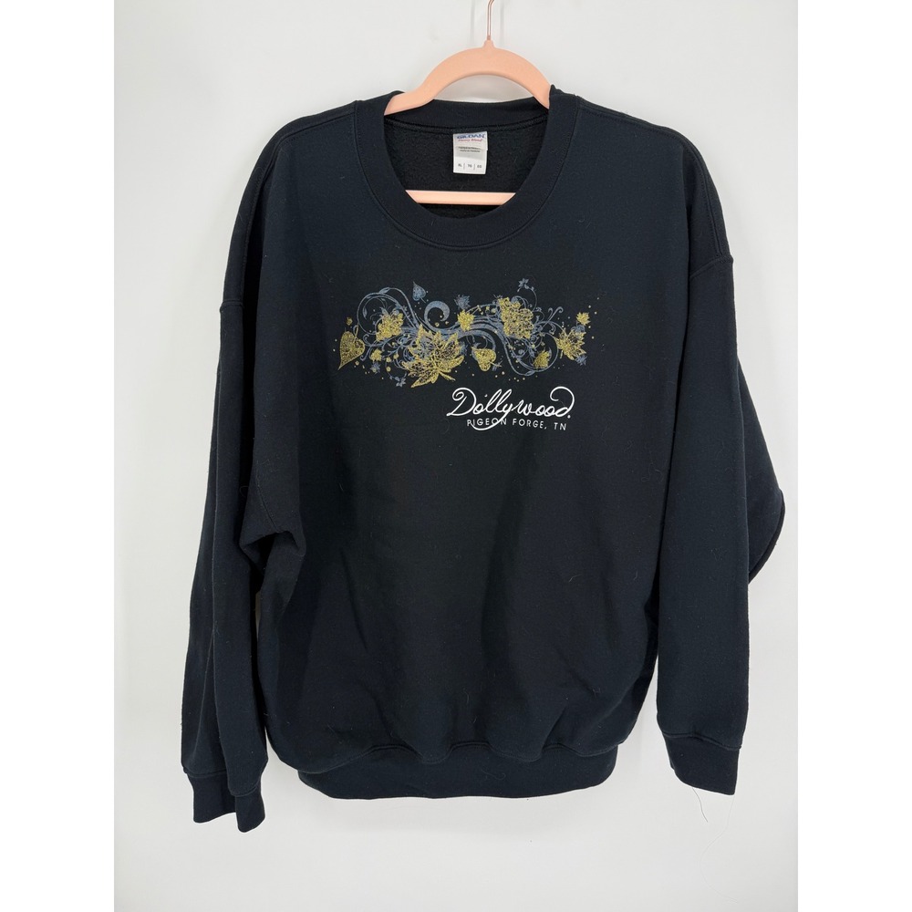 Gildan Dollywood Sweatshirt Women XL Black Glitter Floral Pigeon Forge TN